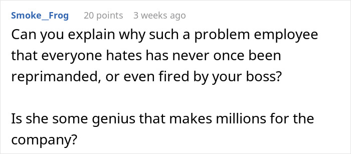 Text post from user Smoke_Frog asking why a problematic employee is never reprimanded or fired by the boss, discussing coworker sensitive smells. Text post from user Smoke_Frog asking why a problematic employee is never reprimanded or fired by the boss, discussing coworker sensitive smells.