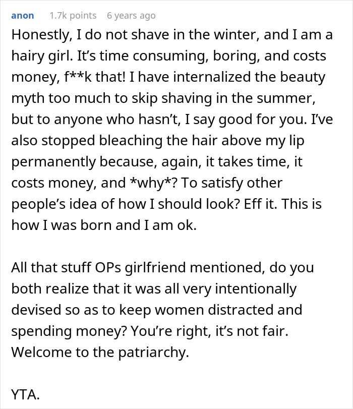 Screenshot of a post discussing the time-consuming beauty routine of shaving and wearing makeup, highlighting regret and patriarchy.