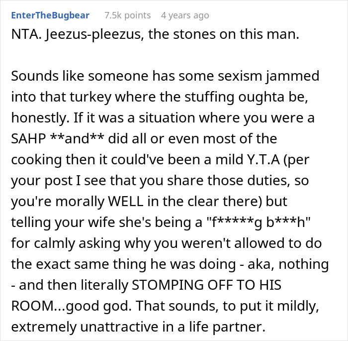 Reddit comment discussing a woman upset as her husband assumes she planned Thanksgiving, highlighting sexist behavior.