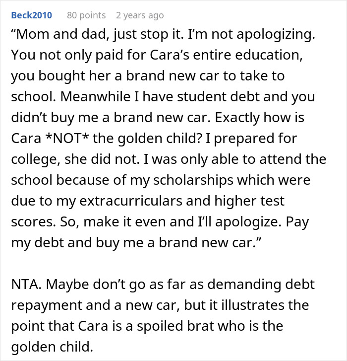 Comment discussing a golden child reality check after seeing sister get into the college of her dreams, highlighting sibling resentment.