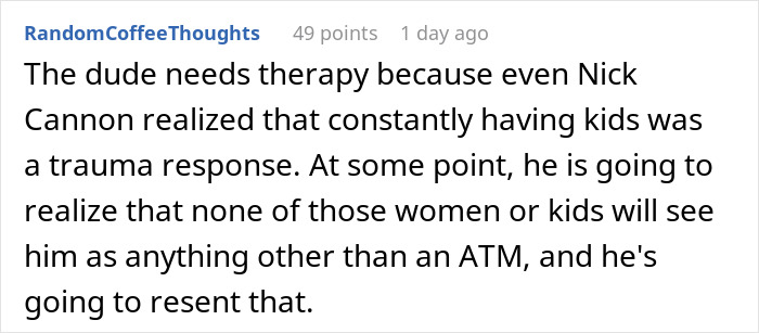 Reddit comment discussing a woman calling out her brother for having four kids with four different women.