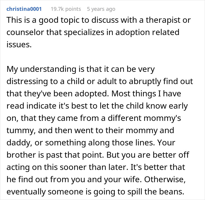 Comment discussing adoption and the importance of telling a child the truth about their real parents early on.