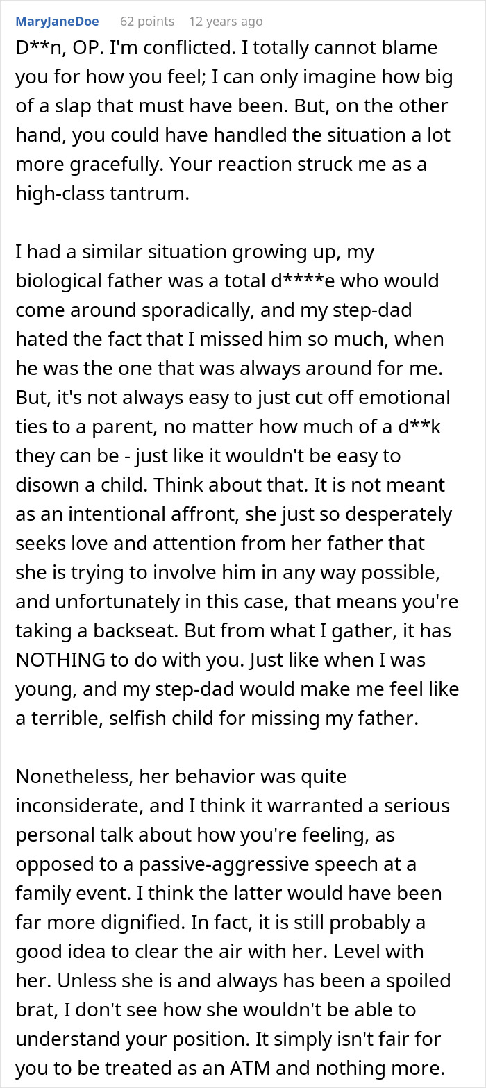 Comment text discussing step-dad&rsquo;s emotional speech after realizing girlfriend and her daughter don&rsquo;t care about him.