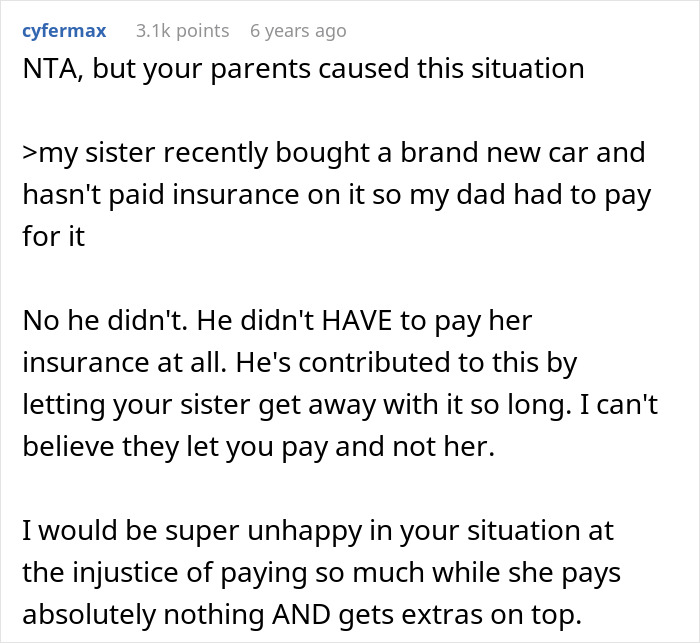 Sibling refuses to keep paying rent to parents after finding out sister lives rent free, causing family conflict.