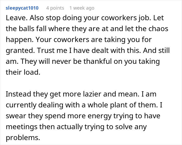 Comment discussing a worker urged to push through it despite going above and beyond at their job.