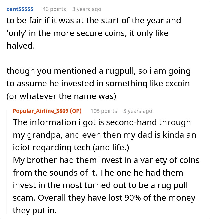 Screenshot of a Reddit discussion about losing parents&rsquo; money in a crypto rug pull scam with 90% loss.