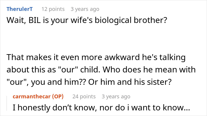 Reddit comments discussing a guy helping his sister-in-law conceive using IVF and the awkward situation about paternity.