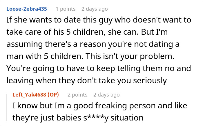 Screenshot of a discussion about a deadbeat dad dumping kids on his girlfriend's 19-year-old daughter. Screenshot of a discussion about a deadbeat dad dumping kids on his girlfriend's 19-year-old daughter.
