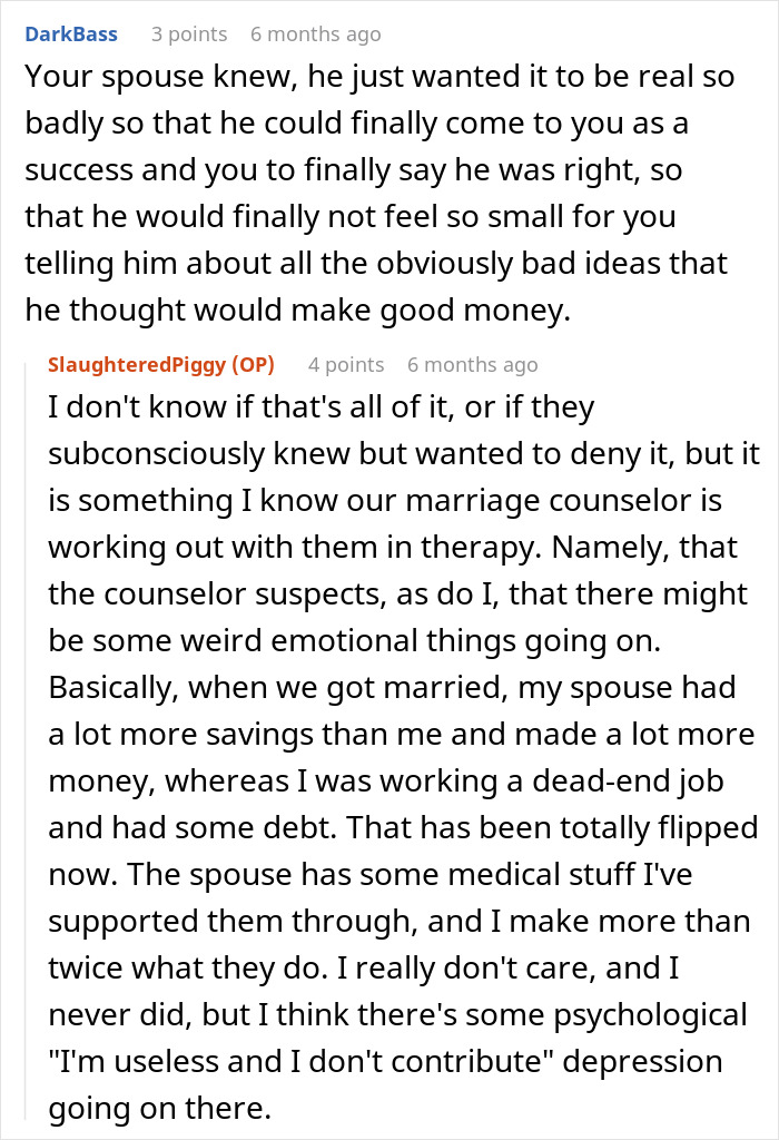 Screenshot of a Reddit conversation discussing a person falling for a scam investment causing zero savings and immense debt. Screenshot of a Reddit conversation discussing a person falling for a scam investment causing zero savings and immense debt.