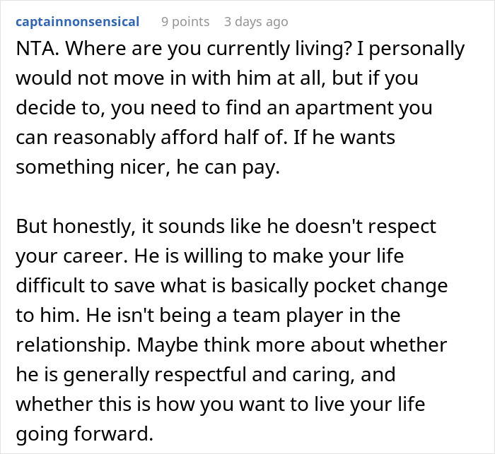 Commenter discusses rich boyfriend demands equal split rent and girlfriend refuses, highlighting respect and relationship teamwork issues.