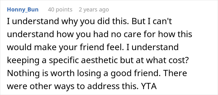 Comment defending exclusion of friend from extravagant ball for ruining the aesthetic, sparking discussion about friendship and aesthetics.