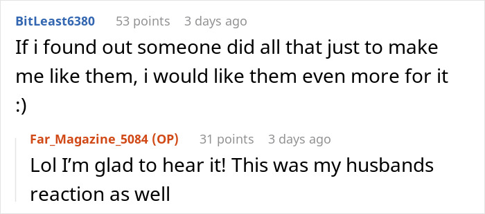 Screenshot of a conversation about a woman staging her apartment to impress a guy and admitting it at their wedding.