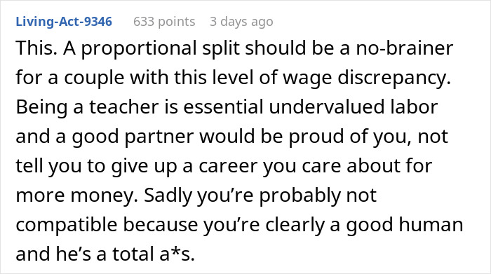 Comment discussing proportional split of rent in a rich boyfriend demands equal split rent girlfriend refuses debate.