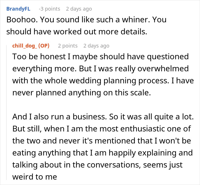 Comments discussing wedding vendors leaving bride with no cupcakes due to allergy during planning process.