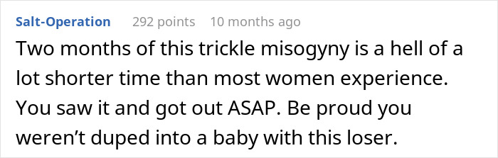 Comment discussing a woman called a gold digger for wanting fair chores and leaving her boyfriend who begged for rent money.