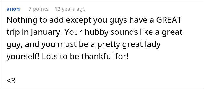 Comment expressing gratitude and appreciation for a husband's kindness and a wife's positive qualities in a relationship.