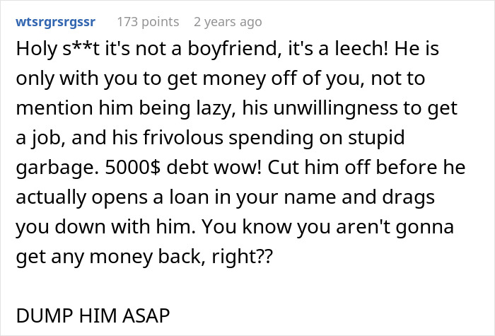 Screenshot of a social media comment warning about a man with $5K debt asking his girlfriend to take a loan for a Spiderman costume.