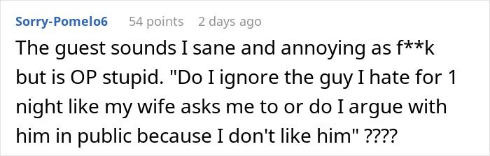 Screenshot of an online comment describing an obnoxious dinner guest and a dreadful husband in a heated discussion.