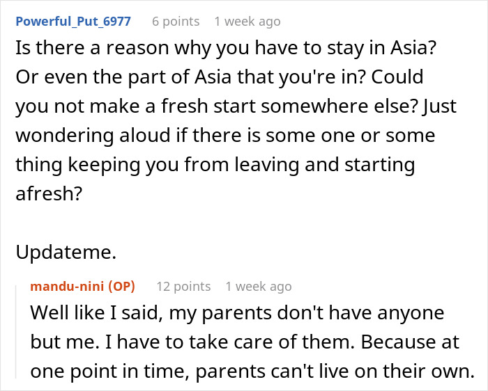 Text conversation about someone staying in Asia to care for their parents, reflecting on family struggle and responsibility.
