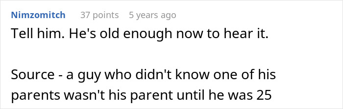 Screenshot of an online comment discussing whether a guy should tell his son the harsh truth about his real parents.