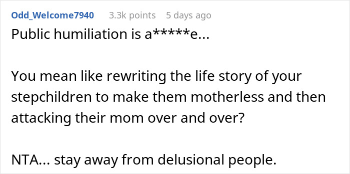 Comment discussing public humiliation and hypocrisy related to a teen&rsquo;s stepmom called out for lies online.