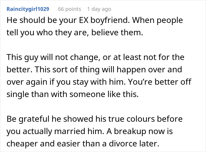 Screenshot of a Reddit comment warning about a boyfriend bragging about covering birthday trip expenses.