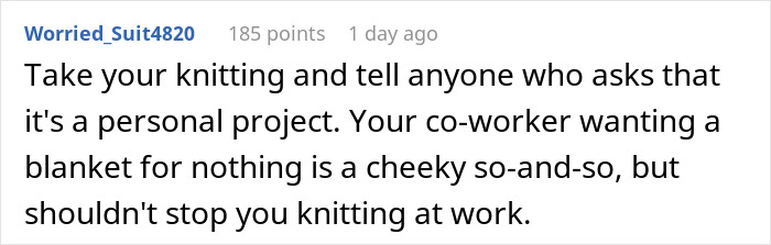 Screenshot of a forum comment discussing an entitled employee upset over a coworker refusing to knit a free blanket.