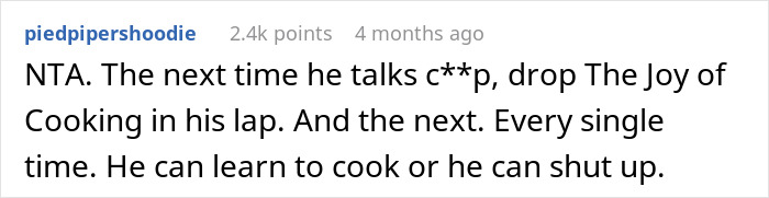 Screenshot of a Reddit comment advising to drop a cooking book in husband's lap after he yells at wife for cooking same meal.