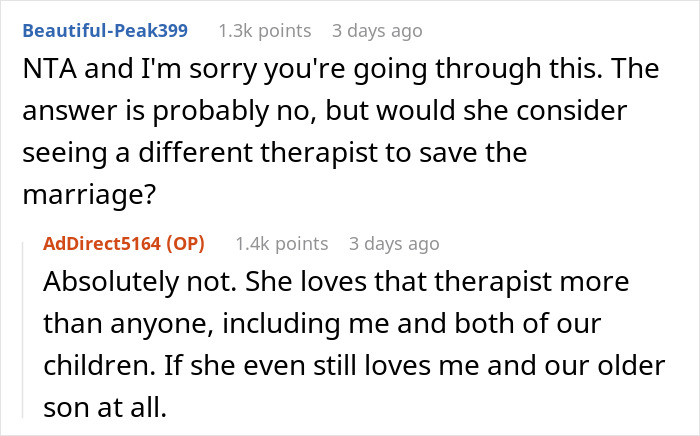 Conversation excerpt showing a Reddit discussion about a wife, therapist, and marriage issues with emotional tension.