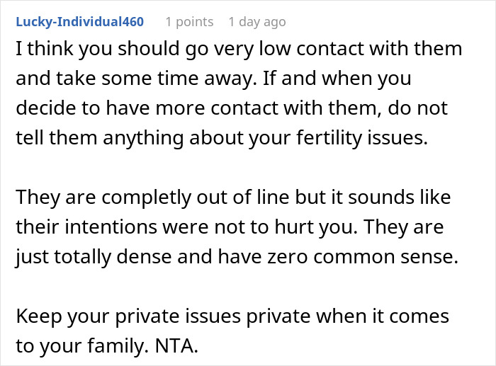 Screenshot of a Reddit comment advising low contact after a woman&rsquo;s family plans a bizarre fake adoption drama.
