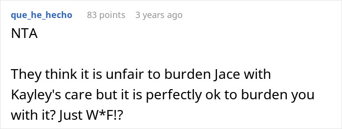 Text post from Reddit user que_he_echo commenting on caregiver role burden for disabled stepsister and refusal.