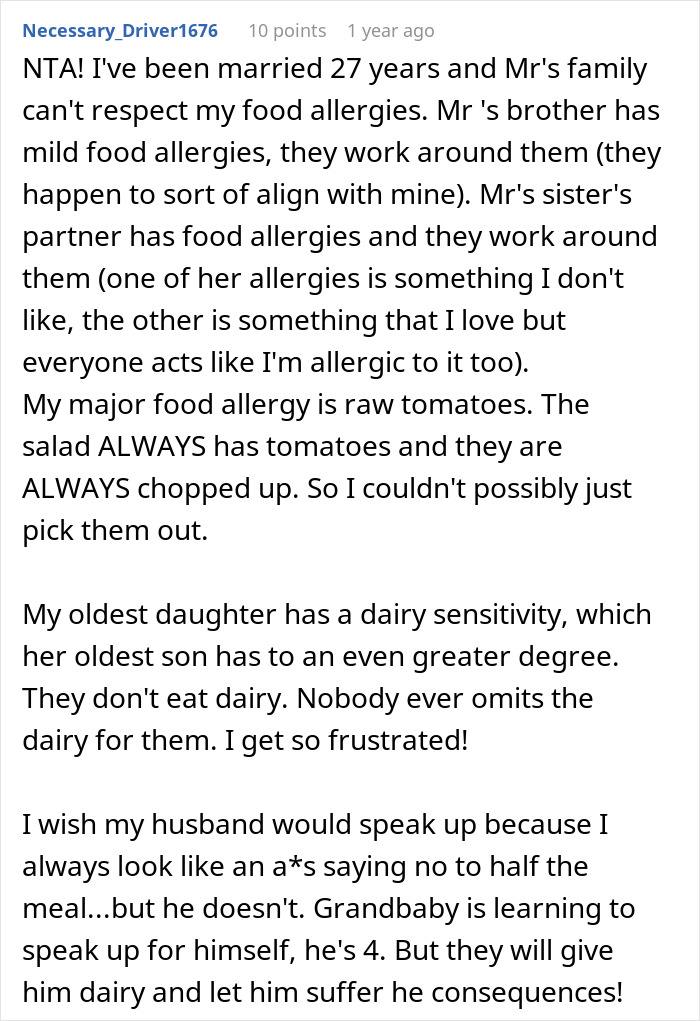 Comment discussing frustrations with in-laws ignoring food allergies leading to refusal of family dinners. Comment discussing frustrations with in-laws ignoring food allergies leading to refusal of family dinners.