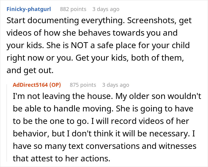 Screenshot of an online discussion about documenting behavior and handling a difficult marriage situation with therapist involvement.