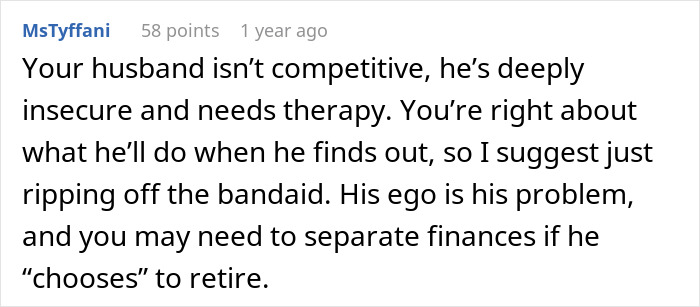 Alt text: Comment about husband feeling emasculated due to insecurity and financial dynamics in marriage discussed online.