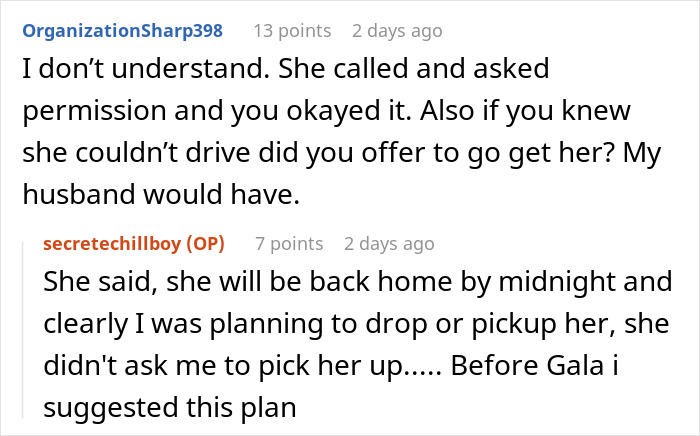 Screenshot of a Reddit conversation about a woman going to a gala with a client as her date, causing husband issues.