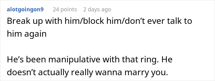 Comment text on a white background discussing a man proposing after a breakup and showing manipulative behavior with a ring.