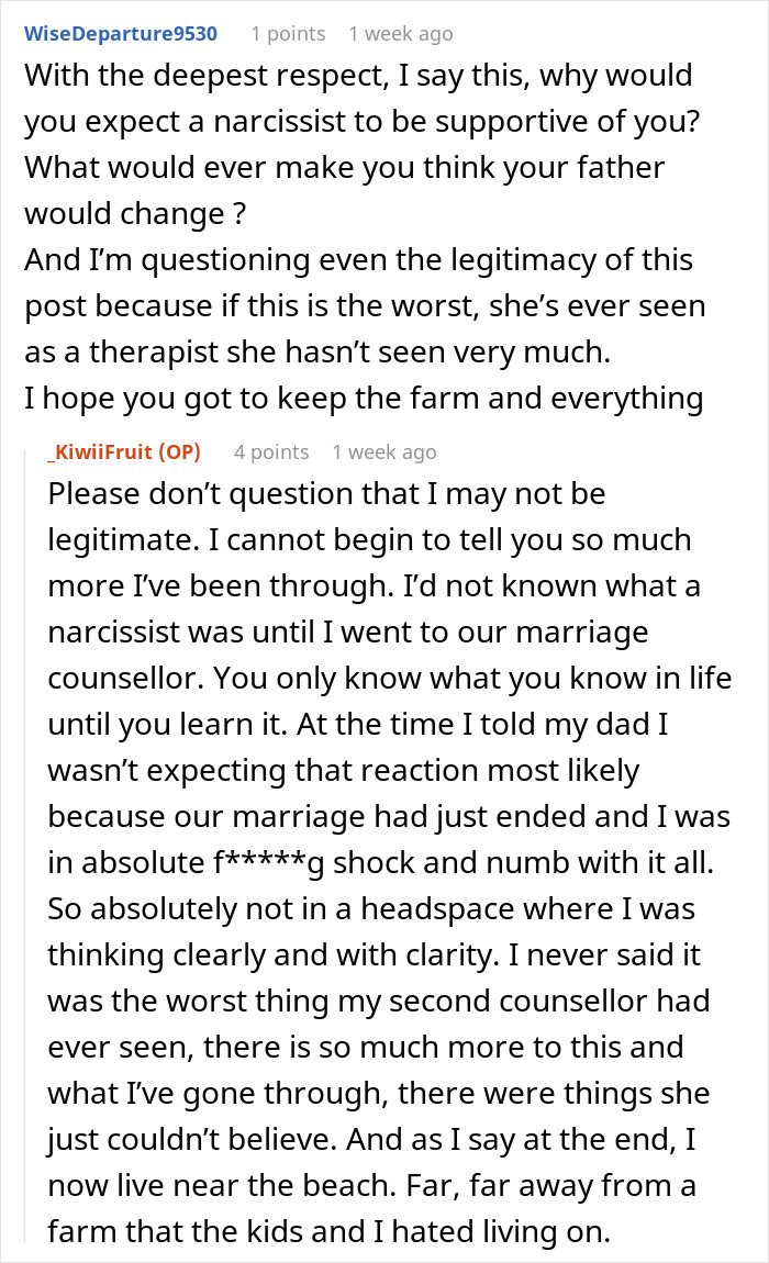 Reddit comments discussing a man siding with daughter&rsquo;s cheating ex during a difficult divorce situation.