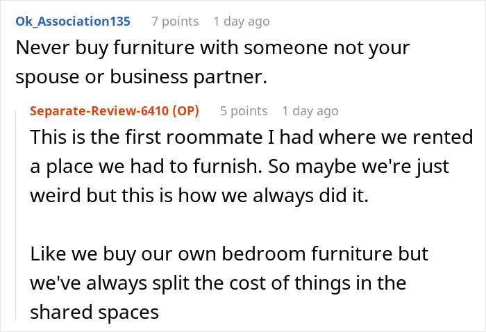 Discussion on roommate disagreement about heavier roommate paying more than half for new couch due to damage to her side.