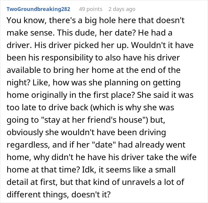 Comment discussing inconsistencies about a woman going to gala with client as his date, raising questions from husband.