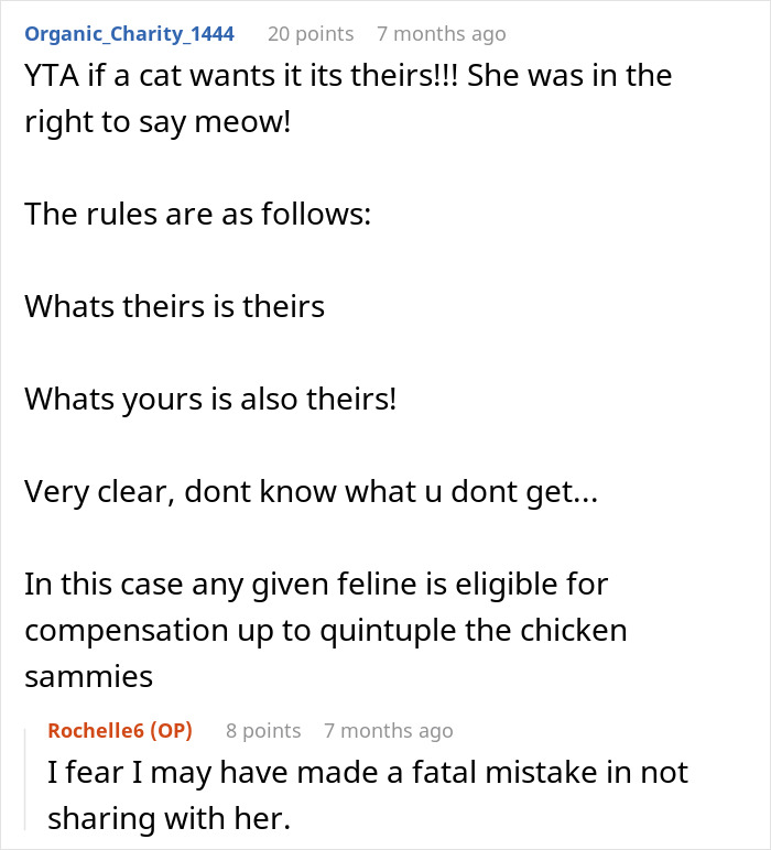 Reddit comment discussing a woman refusing to share her chicken sandwich with her cat, debating if she's the jerk.