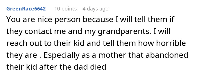 Screenshot of an online comment discussing a bio mom abandoning her child after the father’s death and seeking support later. Screenshot of an online comment discussing a bio mom abandoning her child after the father’s death and seeking support later.