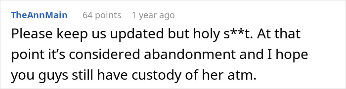 Comment mentioning concerns about child abandonment and custody related to parents abandoning their 5YO daughter in another city.