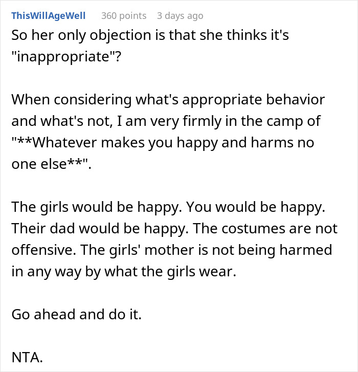 Comment discussing twins wanting to include stepmom in group Halloween costume despite mother's objection about appropriateness.