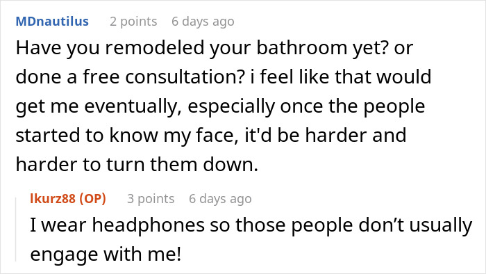 Reddit conversation showing user discussing avoiding engagement by wearing headphones, related to weight loss journey.