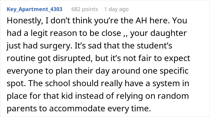 Comment explaining a mom stands her ground on prioritizing her injured child over an autistic student&rsquo;s needs at school.
