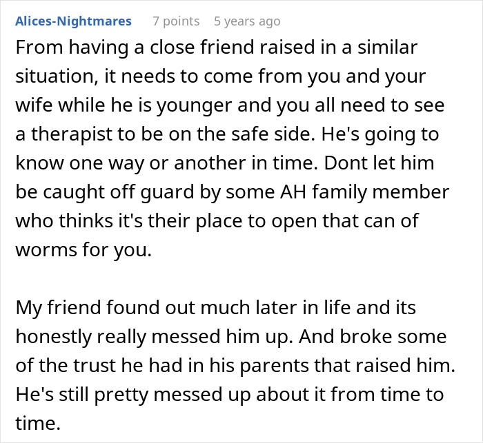 User comment advising a guy to tell his son the harsh truth about his real parents to avoid future trust issues.