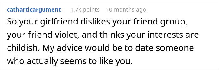 Comment discussing girlfriend&rsquo;s concerns about boyfriend&rsquo;s trip with female friend, sparking relationship reconsideration.