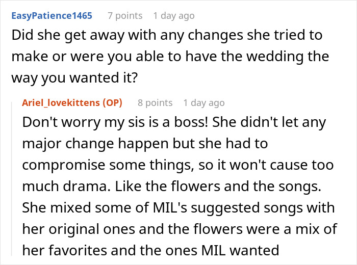 Screenshot of a Reddit conversation discussing a MIL trying to be the center of attention at a wedding and outfit changes requested.
