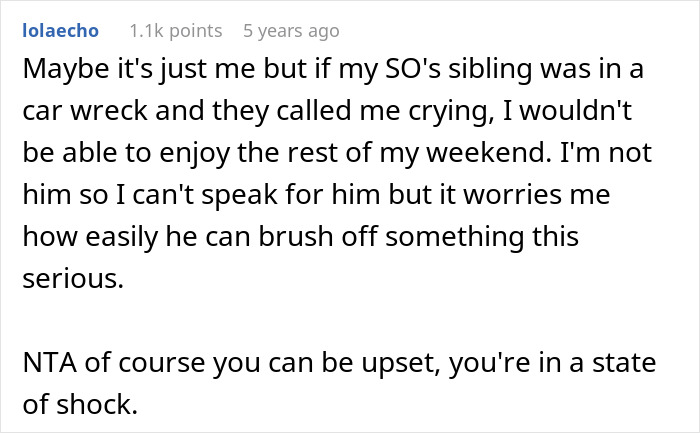 Screenshot of a Reddit comment discussing a guy using a boys trip as a disguise during a family emergency.