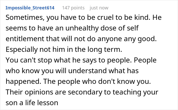 Comment discussing a parent teaching their 20-year-old son a tough life lesson after he mooched and stole money.
